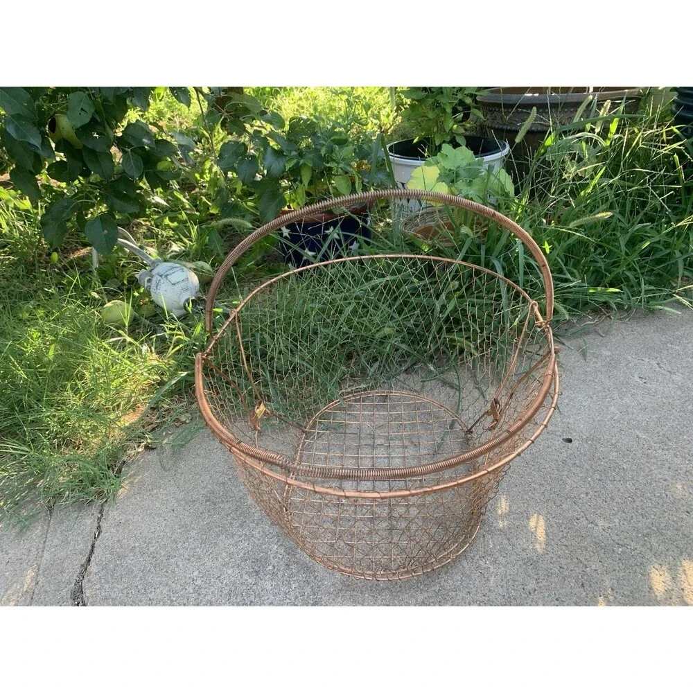 Large Collapsible Copper Wire Basket Egg Fruit Vegetables 18x13x8 in Vintage